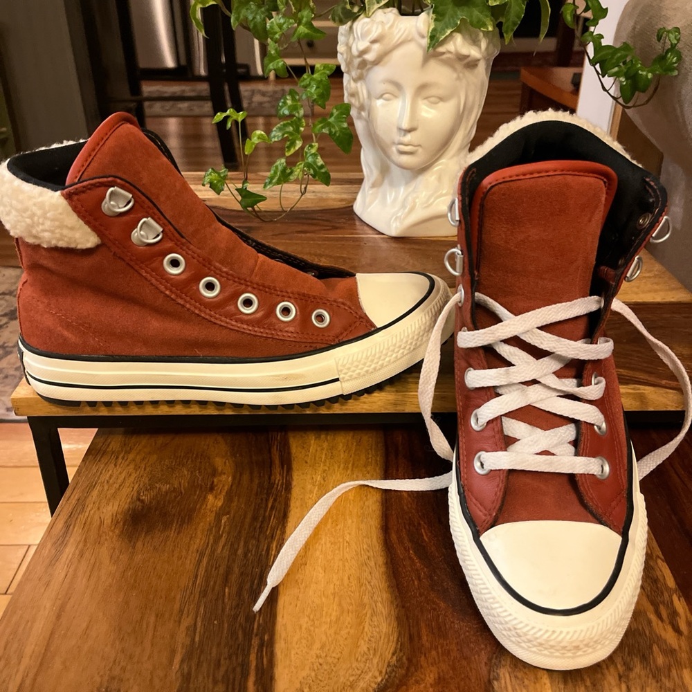 Converse Burgundy High-Top Suede & Leather Sneakers with Sherpa Top